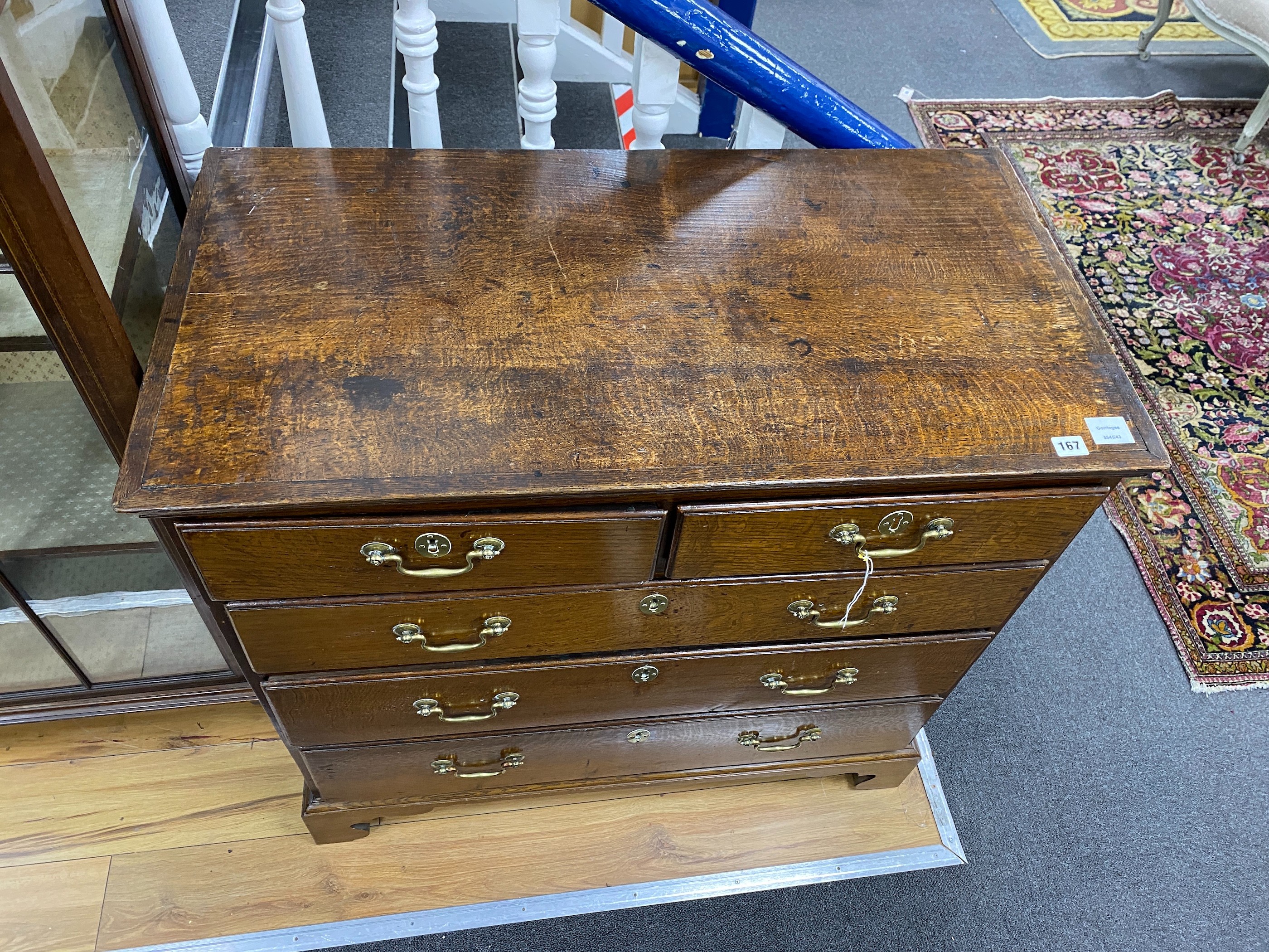 A late 18th century oak chest of drawers, width 95cm, depth 49cm, height 91cm